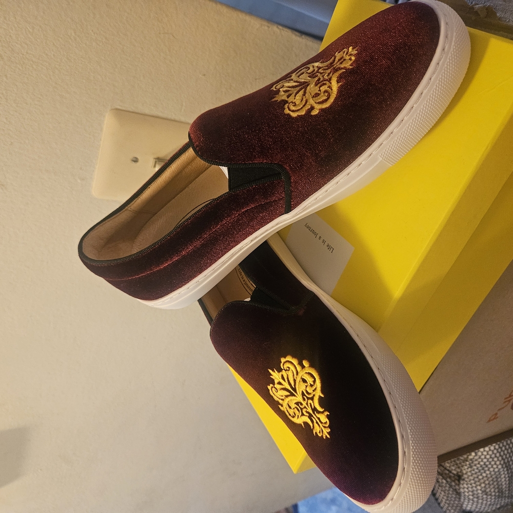 Red and Gold Velvet Slip-On Loafers with Embellished Design